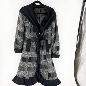 ✅ROBERTO CAVALLI GREY/BLACK SCARF COLLAR COAT WITH RUFFLE HEM SIZE LARGE POCKETS
